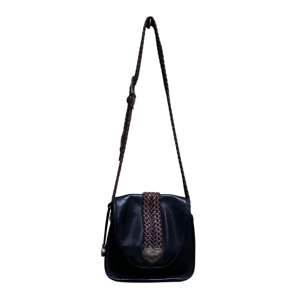 Vintage Brighton Y2K Blk Brown Leather Braided Crossbody Bag Silver Heart Detail